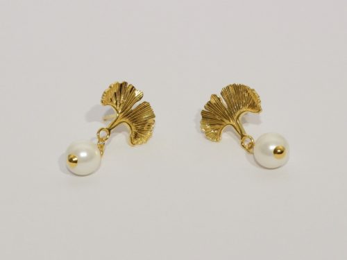  Gold-plated Ginko Leaf and Pearl Earrings