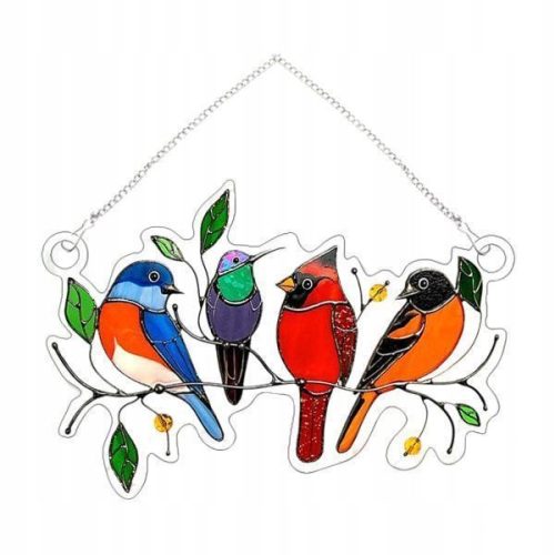  3x multi-colored stained glass windows with birds,