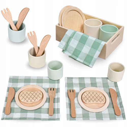 Wooden dinner set for children with green placemats