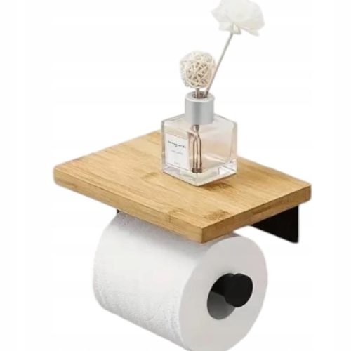  Toilet Paper Holder Hanger Black Loft with Bamboo Shelf Adhesive