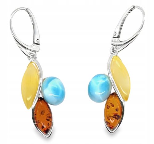  Silver earrings with AMBER and larimar, English clasp, hanging FILM