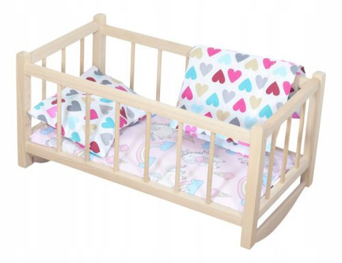  Wooden cradle for dolls, natural, with a mattress and bedding with large hearts