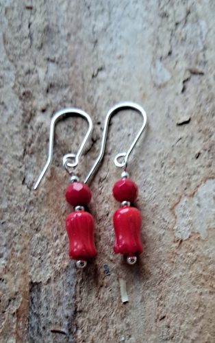  Coral earrings, red coral flower, stylized tulip, silver, interesting