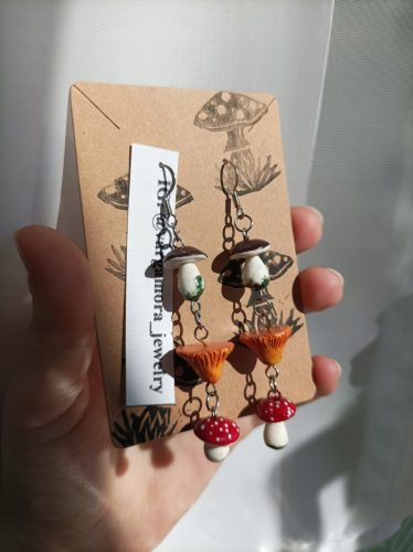  Triple mushroom earrings - toadstools, chanterelles, bay boletes - handicraft