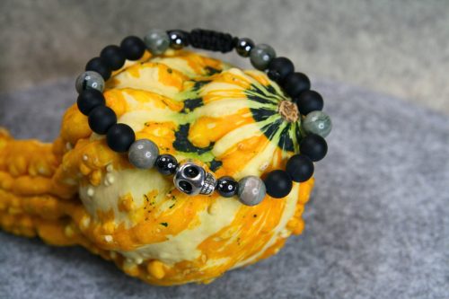  Men's Bracelet: Skull, Petrified Wood and Agate