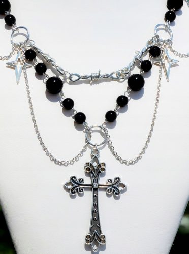  Vintage PUNK NECKLACE, layered, star and cross beads, black