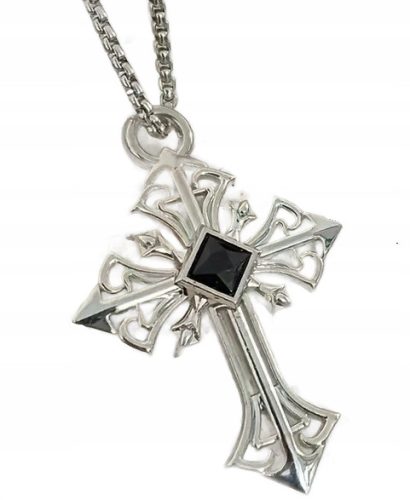  Men's necklace SILVER CROSS with black stone metal pendant