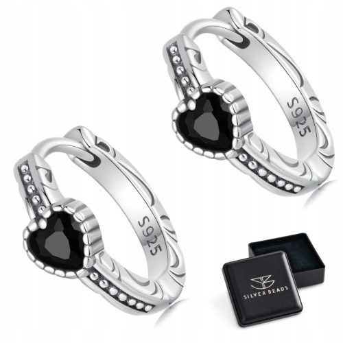  K848 Black Hearts Circles Silver Clasps Earrings Silver 925