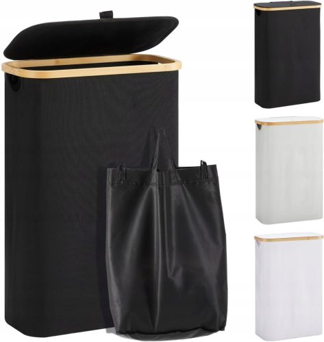  Laundry basket with lid, 48 l, narrow, with laundry bag, foldable, wooden