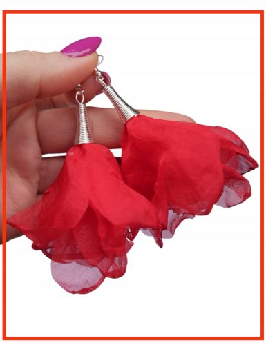  Chiffon flower earrings RED silver SHORTER