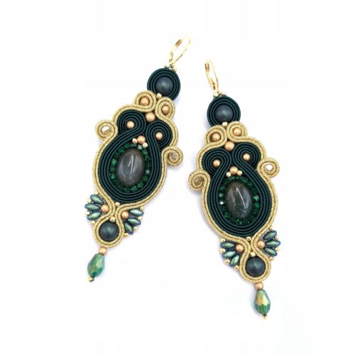  "Chiara" gold green long soutache earrings with moss agate