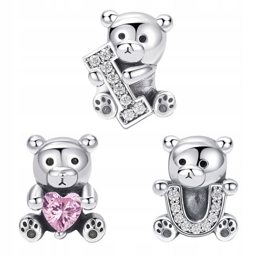  Set of 3 beads charms Teddy Bears I Love You Silver 925 in a gift box