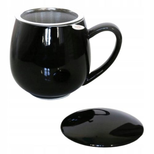  Elegant black shiny mug with lid and infuser for birthday