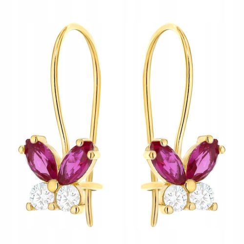  GOLD EARRINGS for Women 585 Pink Butterflies with Cubic Zirconia on 14k Hook