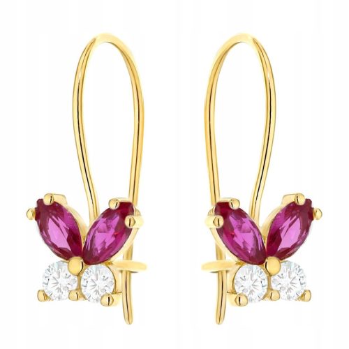  GOLD EARRINGS for Women 585 Pink Butterflies with Cubic Zirconia on 14k Hook