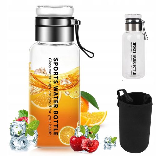  GLASS BOTTLE 1L STAINLESS STEEL STRAINER PROTECTIVE BLACK COVER 9X25CM