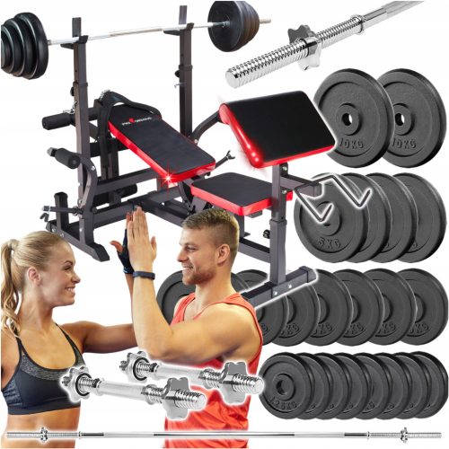  BODYBUILDING SET 123KG CAST IRON BENCH STRONG BARBELL DUMBBELL WEIGHTS