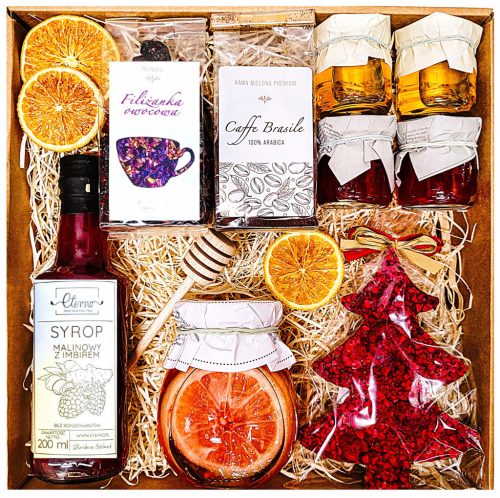  GIFT BASKET FOR A GIFT HONEY TEA SYRUP CHRISTMAS TREE COFFEE SANTA CLAUS
