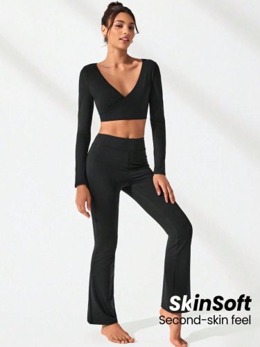  SET BLACK SPORTY ELASTIC LONG SLEEVE TOP BELL TROUSERS SHEIN M