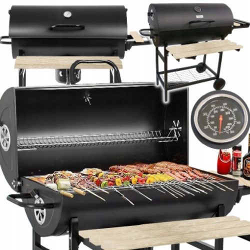  GARDEN CHARCOAL GRILL 2 CHROME GRIDS 2 SHELVES ASH TRAY THERMOMETER STEEL