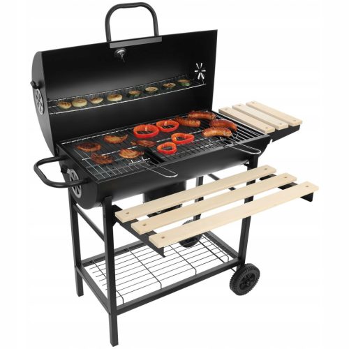  Large, lockable garden charcoal grill on wheels with shelves and a fire pit