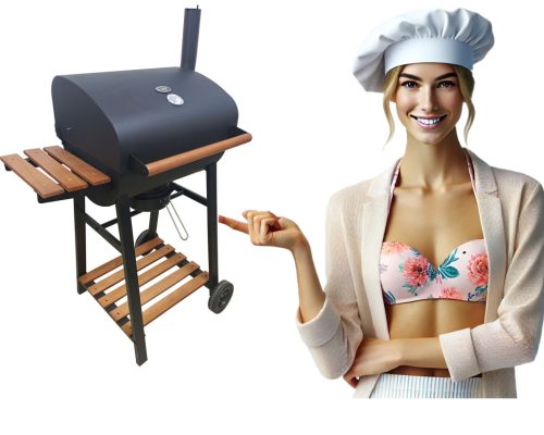  DEKRAFT CHARCOAL GRILL BARREL WITH CAST IRON GRATE, WOOD, CHIMNEY
