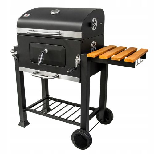  Large charcoal grill, cast iron grate, 113.5x50x107 cm, garden, with wooden shelf