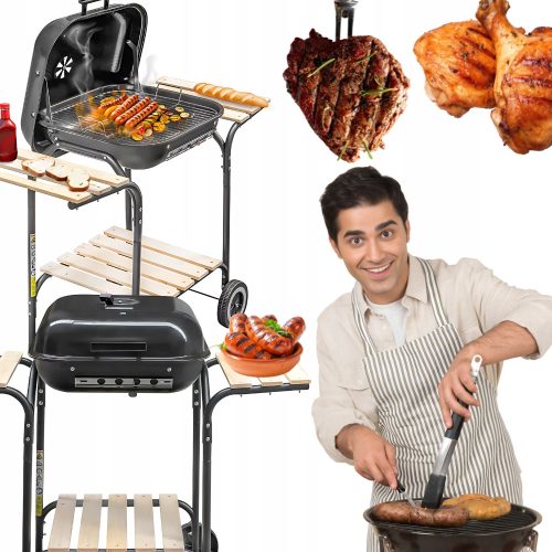  Charcoal garden grill with cover and practical tables Solid Steel