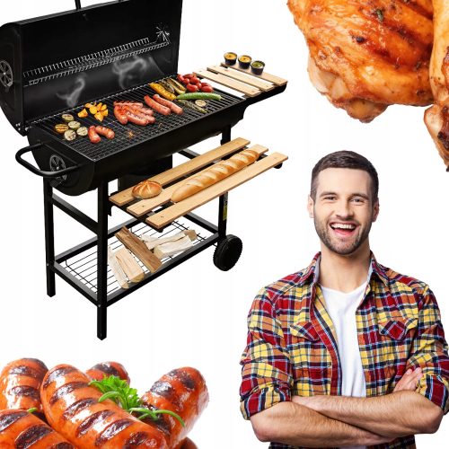  Charcoal barrel grill with cover, side tables for garden Solid Steel