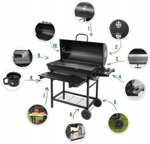  GARDEN CHARCOAL GRILL BARREL ASH BOX THERMOMETER LARGE GRATE 71x45cm