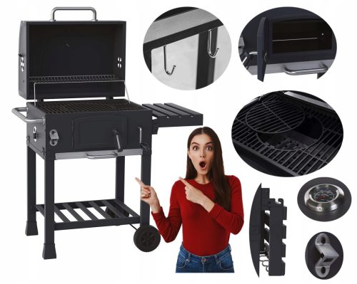  3in1 PREMIUM CHARCOAL GRILL ASH PAN OPENER CAST IRON GRATE SHELF WHEELS XXL