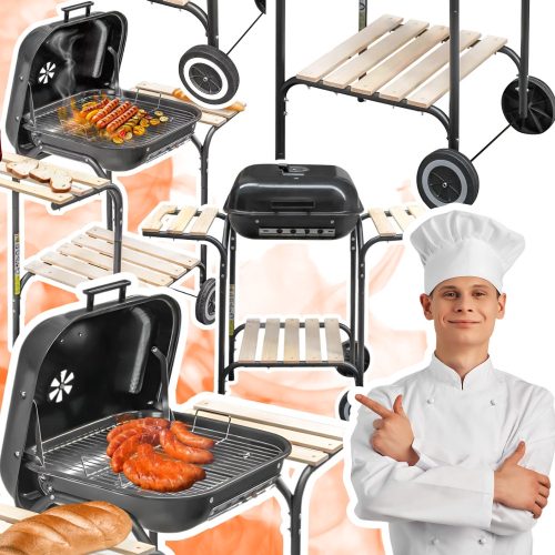  Charcoal grill with cover and side tables for the garden and plot, solid