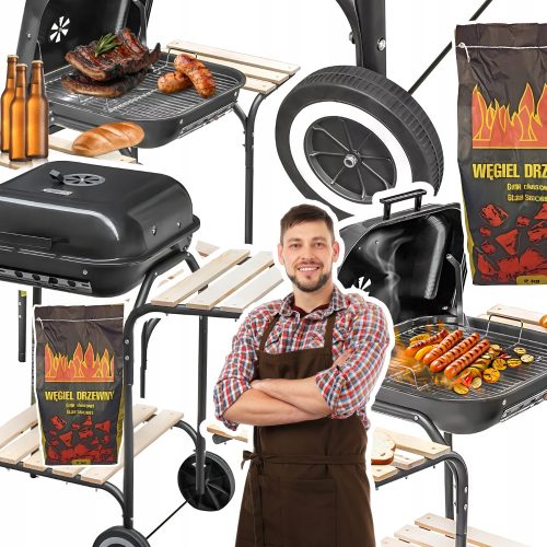  Garden charcoal grill with cover and side table for the garden + 2kg coal