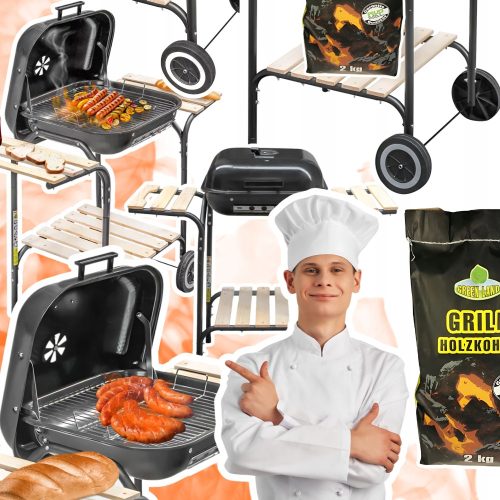  Charcoal grill with cover, side tables, STRONG, Durable, 2KG CHARCOAL
