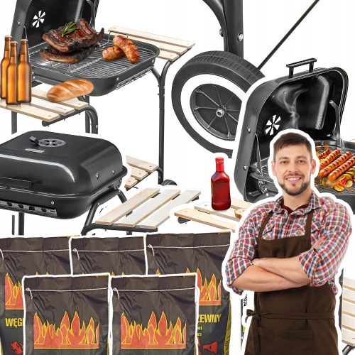  Garden charcoal grill with cover and side table for the garden + 10kg coal