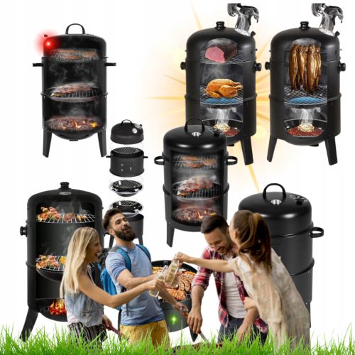 3-IN-1 GARDEN GRILL FIREPLACE SMOKER FOLDABLE SMOKER TWO TOWERS THERMOMETER