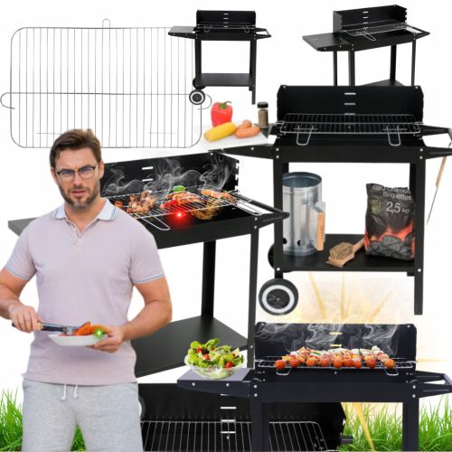  PORTABLE GARDEN CHARCOAL GRILL WITH WHEELS, SHELF AND CHROME-PLATED GRATE