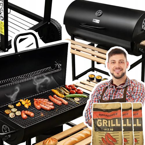  Garden charcoal grill Barrel tables steel grate with thermometer + 6kg COAL