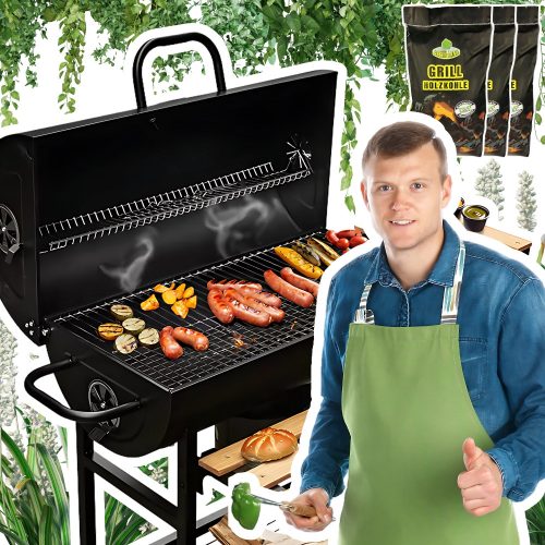  Garden grill Barrel tables steel solid grate with thermometer + 6kg coal
