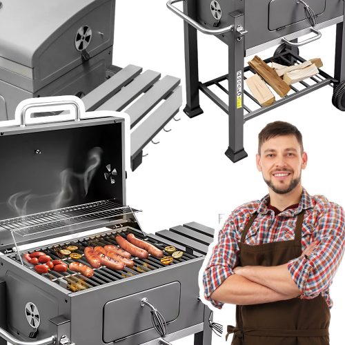  Garden charcoal grill with cover, side table, cast iron grate, solid 25 kg