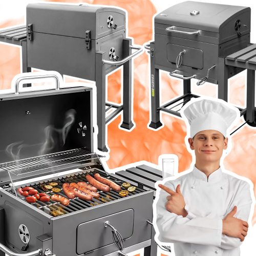  Charcoal grill with cover, side table, cast iron grate, solid 25 kg, smoking