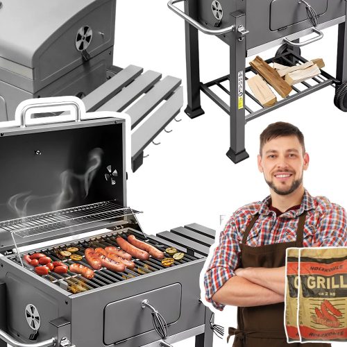  Garden charcoal grill, thermometer, solid cast iron grate + 4kg coal