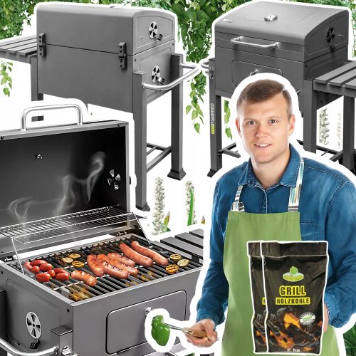  Garden grill with cover, side table, cast iron solid grate + 4 kg of coal