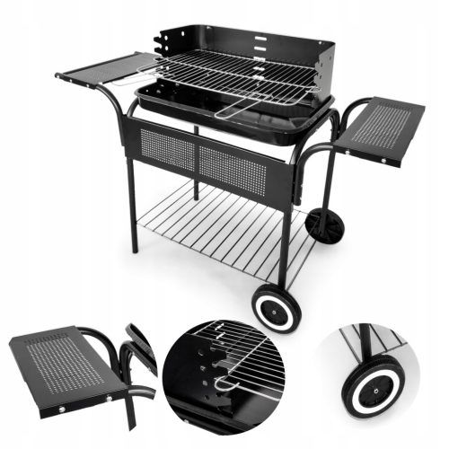  Garden Charcoal Grill with Metal Shelves Adjustable Grate 53x34 cm Wheels