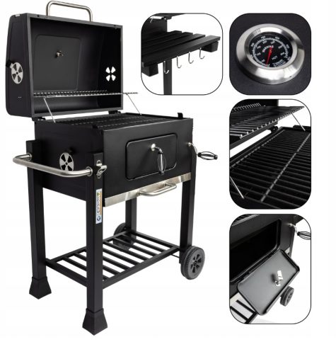  GARDEN CHARCOAL GRILL CAST IRON CHIMNEY GRATE WITH LID ASH TRAY + THERMOMETER