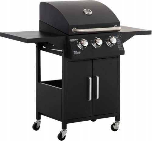  GAS BBQ GRILL WITH 3 BURNERS, 3 KW EACH, 4 WHEELS, SIDE TABLES + FREE