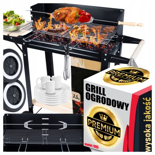  GARDEN GRILL WITH ADJUSTABLE CHARCOAL GRID SHELVES ON WHEELS STABLE GRILL