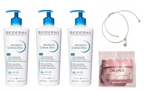 Bioderma Atoderm Ultra Moisturizing Cream 3x500ml Set with Free Bracelet and Caudalie Sample Mix