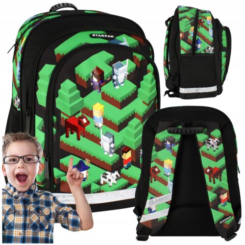 Minecraft Themed School Backpack for Boys - 3 Compartments, Reflective Details