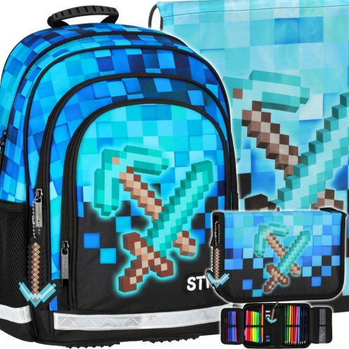 Starpak Pixel Blue 3-Piece School Set: Backpack, Shoe Bag, & Pencil Case